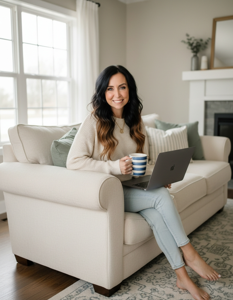 Working from the couch with coffee